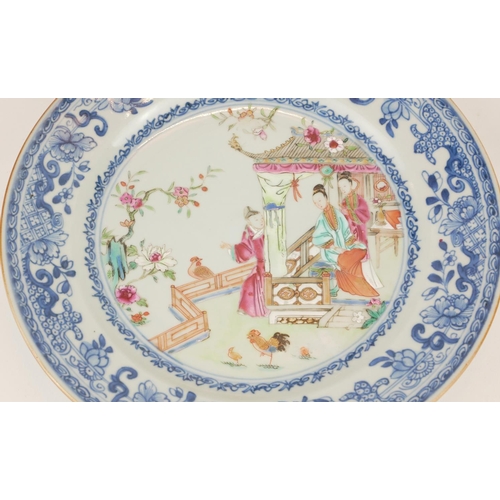 285 - A SET OF THREE CHINESE FAMILLE ROSE PORCELAIN PLATES
Each painted with figures in an exotic garden w... 