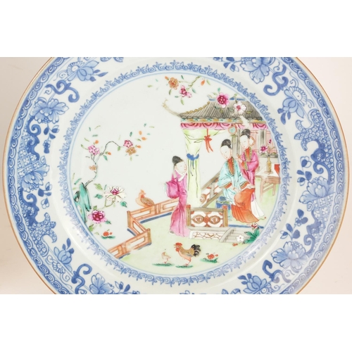 285 - A SET OF THREE CHINESE FAMILLE ROSE PORCELAIN PLATES
Each painted with figures in an exotic garden w... 