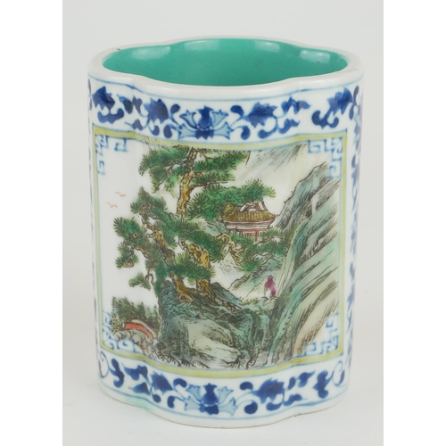 296 - A CHINESE FAMILLE VERT PORCELAIN LOBED VASE
With fine painted landscape panels, bearing square Jiaqi... 