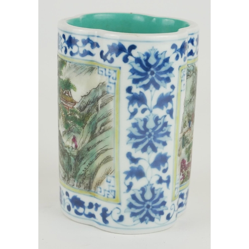 296 - A CHINESE FAMILLE VERT PORCELAIN LOBED VASE
With fine painted landscape panels, bearing square Jiaqi... 