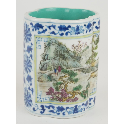 296 - A CHINESE FAMILLE VERT PORCELAIN LOBED VASE
With fine painted landscape panels, bearing square Jiaqi... 