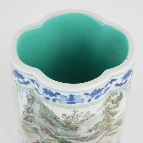 296 - A CHINESE FAMILLE VERT PORCELAIN LOBED VASE
With fine painted landscape panels, bearing square Jiaqi... 