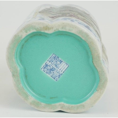 296 - A CHINESE FAMILLE VERT PORCELAIN LOBED VASE
With fine painted landscape panels, bearing square Jiaqi... 