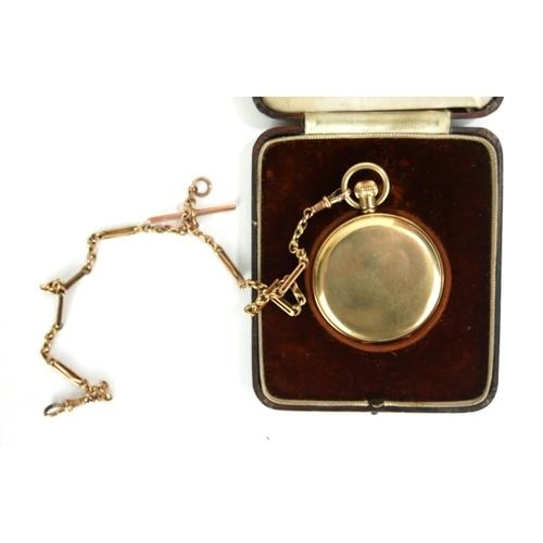 248 - BENSON, A CASED EARLY 20TH CENTURY 9CT GOLD GENT’S POCKET WATCH AND ALBERT CHAIN
Open face with Arab... 