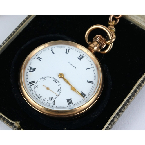 251 - ROLEX, AN EARLY 20TH CENTURY 9CT GOLD POCKET WATCH AND ALBERT CHAIN
Open face with seconds dial and ... 