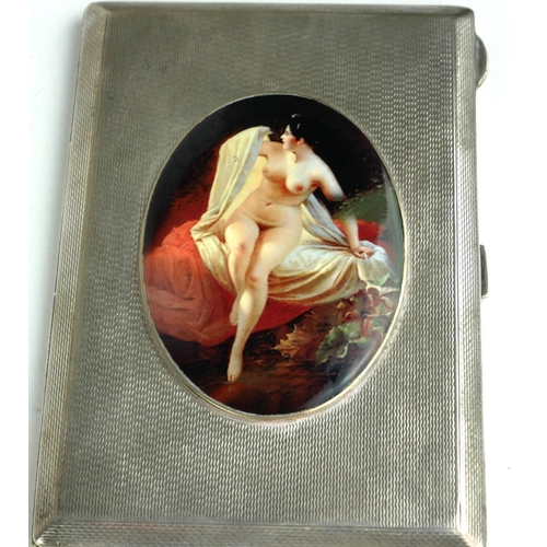 271A - AN EARLY 20TH CENTURY ENGLISH SILVER CIGARETTE CASE 
With later applied oval plaque, nude female.
(8... 