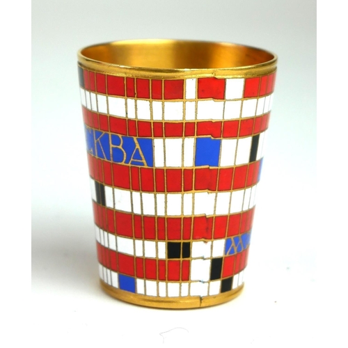 275A - A RUSSIAN SILVER GILT AND ENAMEL SHOT CUP
Having red and white geometric enamel decoration, marked t... 