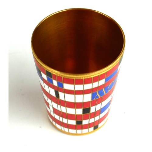 275A - A RUSSIAN SILVER GILT AND ENAMEL SHOT CUP
Having red and white geometric enamel decoration, marked t... 