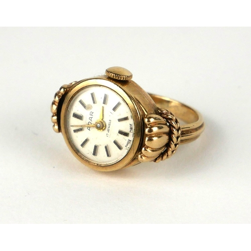 306 - A VINTAGE 9CT GOLD WATCH RING  
Having a silver tone dial, marked ‘Adar’ (size L).