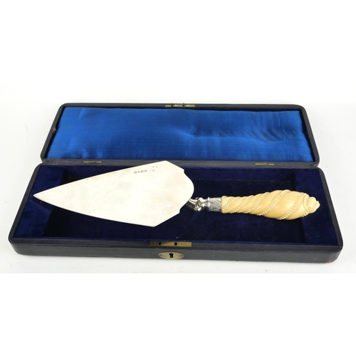 322 - A VICTORIAN SILVER AND IVORY ‘FOUNDATION STONE' TROWEL
Having a carved ivory handle, inscribed 'Pres... 