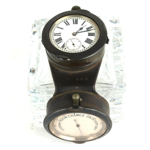 326 - A RARE AND UNUSUAL EDWARDIAN SILVER AND CUT GLASS POCKET WATCH AND BAROMETER INKWELL
Having a silver... 