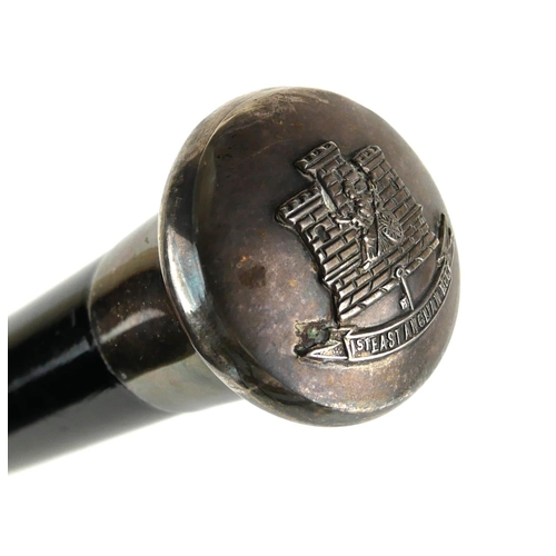 327 - AN EDWARDIAN BRITISH ARMY WHITE METAL AND EBONISED WOOD SWORD STICK
The finial cast with the regimen... 