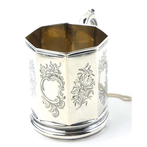 353 - A VICTORIAN SILVER OCTAGONAL CHRISTENING MUG
With engraved Rococo form cartouches, hallmarked ‘Josep... 