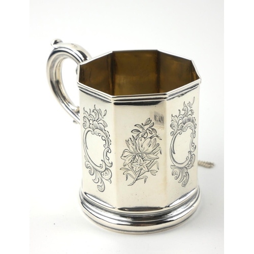 353 - A VICTORIAN SILVER OCTAGONAL CHRISTENING MUG
With engraved Rococo form cartouches, hallmarked ‘Josep... 