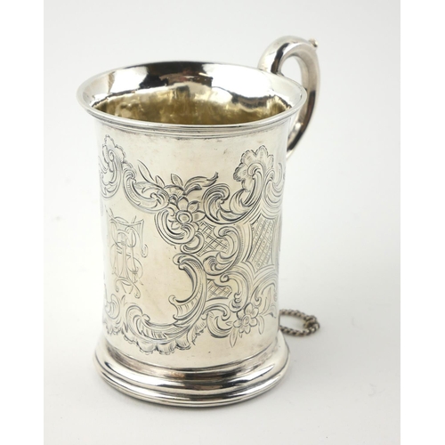 354 - A VICTORIAN SILVER CHRISTENING MUG
Having a fine chased cartouche, hallmarked London, 1844.
(approx ... 