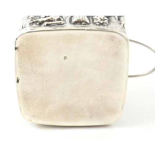 359 - AN EDWARDIAN SILVER SQUARE FORM TEA CANISTER
With embossed continuous 18th Century design landscape ... 