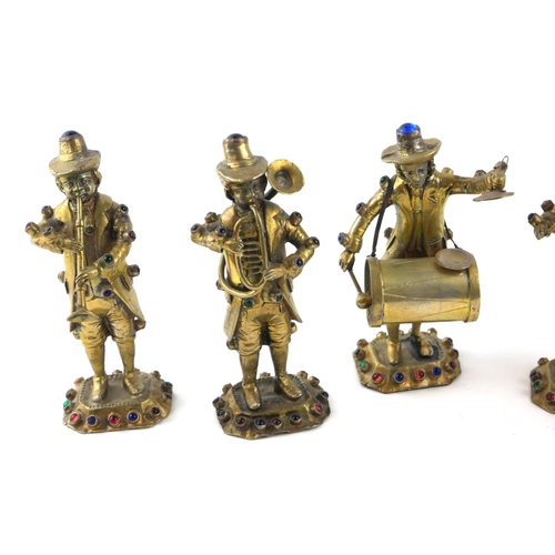 366 - A 19TH CENTURY CONTINENTAL SILVER GILT AND PASTE NOVELTY MUSICAL BAND, A GROUP OF SIX MUSICIAN
Weari... 