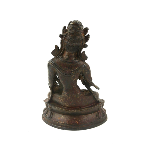 416 - A TIBETAN BRONZE LAKSHMI BUDDHA  FIGURE
Seated pose with scrolled headdress and elaborate necklace, ... 