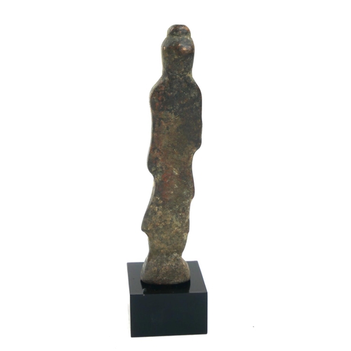 434 - A CHINESE BRONZE GODDESS STATUE
Standing pier wearing long flowing robes, on a black perspex base. 
... 