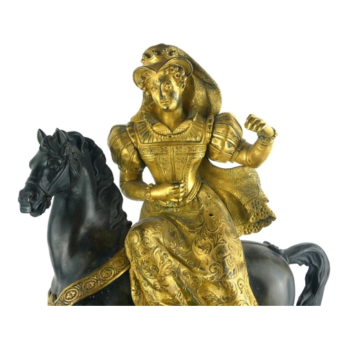 438 - A 19TH CENTURY FRENCH GILT BRASS  FIGURAL MANTEL CLOCK
Female figure on horseback and acanthus leaf ... 