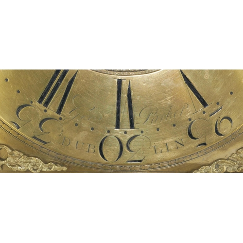 454 - AN 18TH CENTURY IRISH BRASS LONGCASE CLOCK MOVEMENT 
Square form, Roman and Arabic number markings a... 