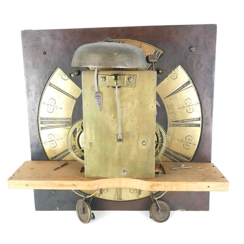 454 - AN 18TH CENTURY IRISH BRASS LONGCASE CLOCK MOVEMENT 
Square form, Roman and Arabic number markings a... 