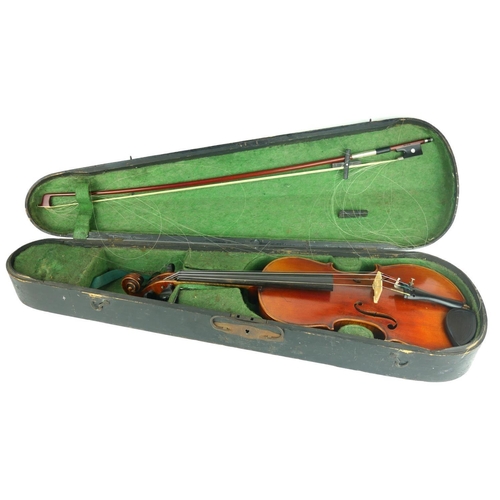 464 - A 19TH CENTURY HALF SIZE VIOLIN WITH STAMPED LASALLE BOW
Contained in a wooden sarcophagus case.