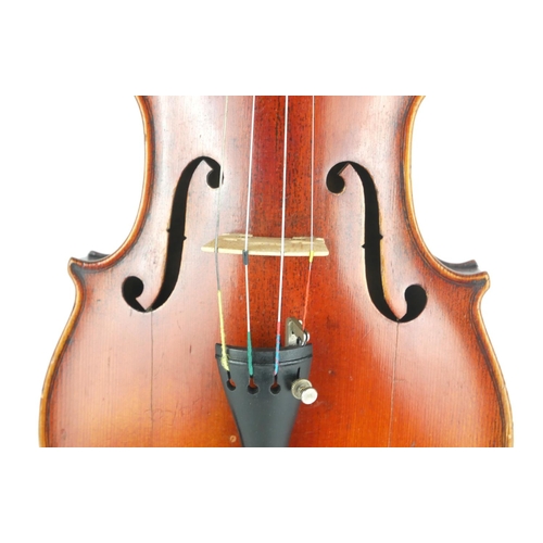 464 - A 19TH CENTURY HALF SIZE VIOLIN WITH STAMPED LASALLE BOW
Contained in a wooden sarcophagus case.