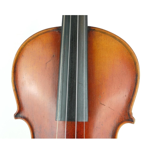 464 - A 19TH CENTURY HALF SIZE VIOLIN WITH STAMPED LASALLE BOW
Contained in a wooden sarcophagus case.