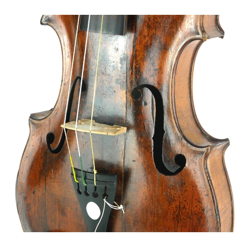 467 - A LATE 18TH CENTURY VIOLIN
With mother of pearl inlaid tailpiece the bow, stamped 'Germany', wooden ... 