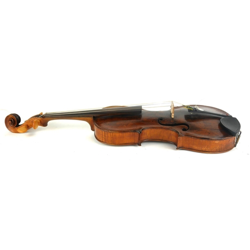 467 - A LATE 18TH CENTURY VIOLIN
With mother of pearl inlaid tailpiece the bow, stamped 'Germany', wooden ... 