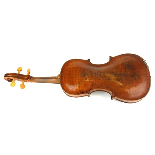 467 - A LATE 18TH CENTURY VIOLIN
With mother of pearl inlaid tailpiece the bow, stamped 'Germany', wooden ... 