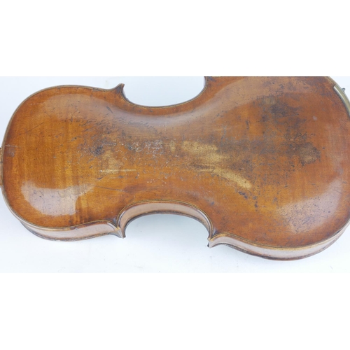 467 - A LATE 18TH CENTURY VIOLIN
With mother of pearl inlaid tailpiece the bow, stamped 'Germany', wooden ... 