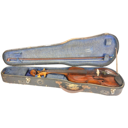 467 - A LATE 18TH CENTURY VIOLIN
With mother of pearl inlaid tailpiece the bow, stamped 'Germany', wooden ... 