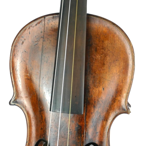 467 - A LATE 18TH CENTURY VIOLIN
With mother of pearl inlaid tailpiece the bow, stamped 'Germany', wooden ... 