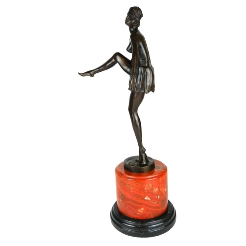 472A - AN ART DECO STYLE BRONZE STATUE, SEMICLAD DANCING GIRL 
On a rouge marble plinth.
(49cm)

Condition:... 