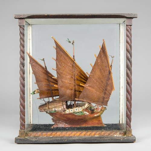 529 - A LATE 19TH/EARLY 20TH CENTURY SCRATCH BUILT MODEL OF A JUNK BOAT IN A GLAZED DISPLAY CASE
(h 33cm x... 