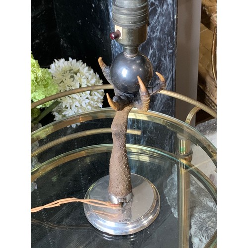 23 - ROWLAND WARD, AN UNUSUAL TAXIDERMY CLAW AND BALL LAMP WITH A LOADED SOLID SILVER BASE. Silver hallma... 