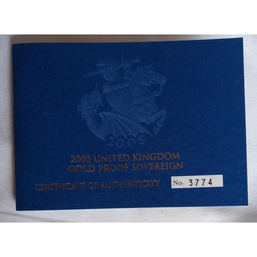 10 - A 22CT GOLD FULL SOVEREIGN PROOF COIN, DATED 2005, TIMOTHY MOED DESIGN
In a protective capsule and f... 