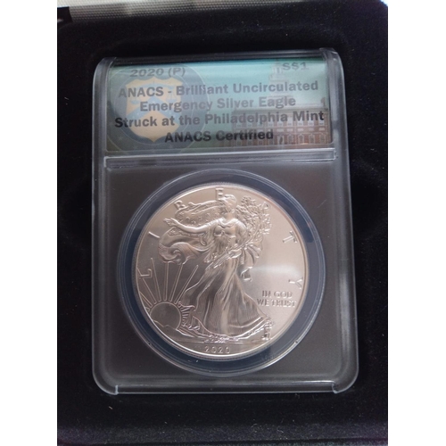 100 - AN AMERICAN SILVER EMERGENCY EAGLE PROOF PROOF COIN, DATED 2020 With Philadelphia Mint and ANACS cap... 