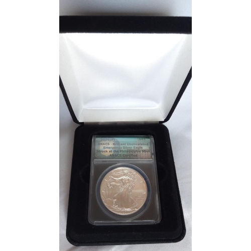 100 - AN AMERICAN SILVER EMERGENCY EAGLE PROOF PROOF COIN, DATED 2020 With Philadelphia Mint and ANACS cap... 