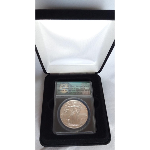 100 - AN AMERICAN SILVER EMERGENCY EAGLE PROOF PROOF COIN, DATED 2020 With Philadelphia Mint and ANACS cap... 