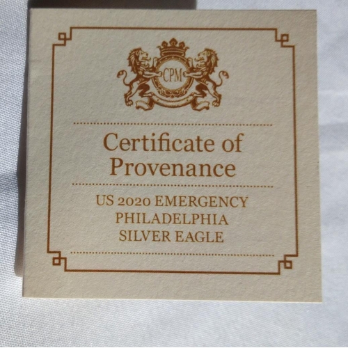 100 - AN AMERICAN SILVER EMERGENCY EAGLE PROOF PROOF COIN, DATED 2020 With Philadelphia Mint and ANACS cap... 