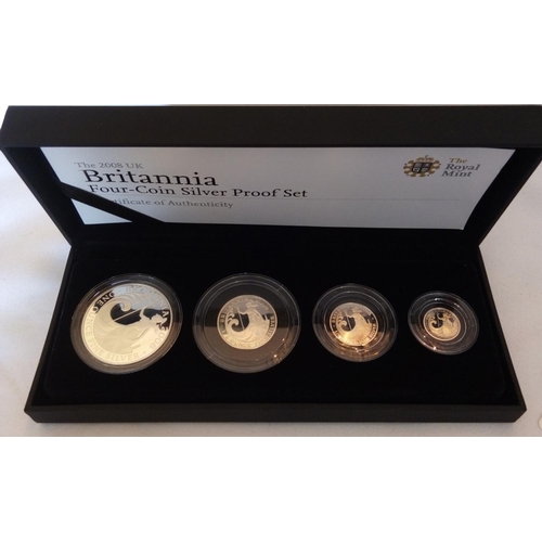 102 - A SILVER BRITANNIA FOUR COIN PROOF SET, DATED 2008
Two pound, one pound, fifty pence and twenty penc... 