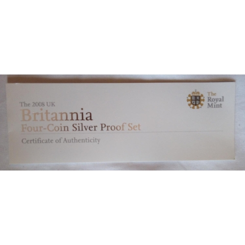 102 - A SILVER BRITANNIA FOUR COIN PROOF SET, DATED 2008
Two pound, one pound, fifty pence and twenty penc... 
