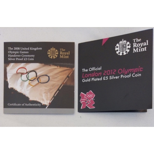 103 - TWO SILVER OLYMPIC COMMEMORATIVE PROOF COINS
2012 five pound coin and a 2008 two pound coin .
(appro... 