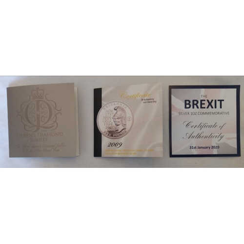 104 - THREE SILVER 1OZ COMMEMORATIVE PROOF COINS
Diamond Jubilee silver five pound coin, Tristan de Cunha ... 