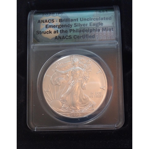 106 - TWO AMERICAN SILVER 1OZ EMERGENCY EAGLE DOLLAR, DATED 2020 Philadelphia MINT and 2015 late discovery... 