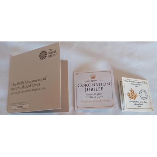 107 - THREE SILVER COMMEMORATIVE PROOF COINS
2020 150th Anniversary of British Red Cross Five pound coin, ... 