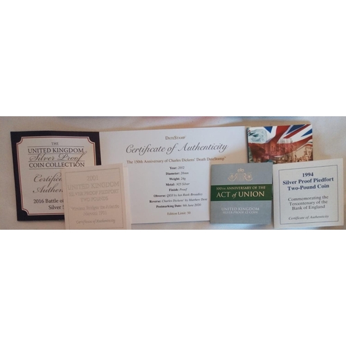 108 - SIX SILVER COMMEMORATIVE PROOF COINS V.E. DAY
Two pound coin, a 2012 Charles Dickens death date  sta... 